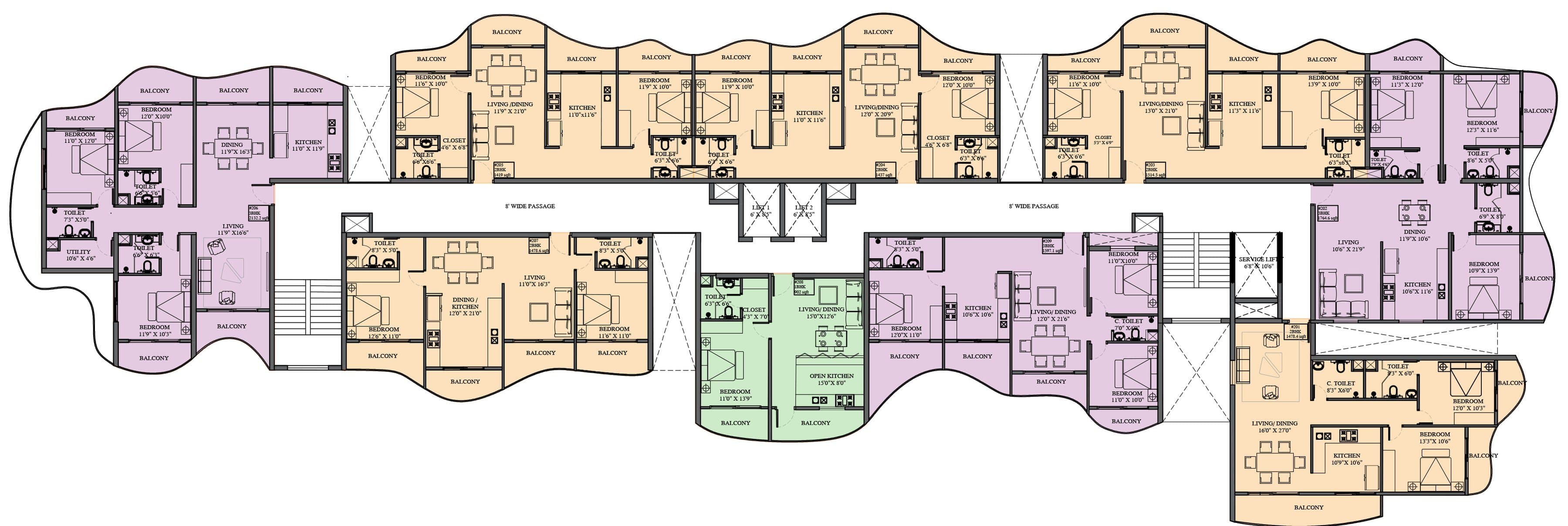 Typical floor plan, floors 2 to 8
