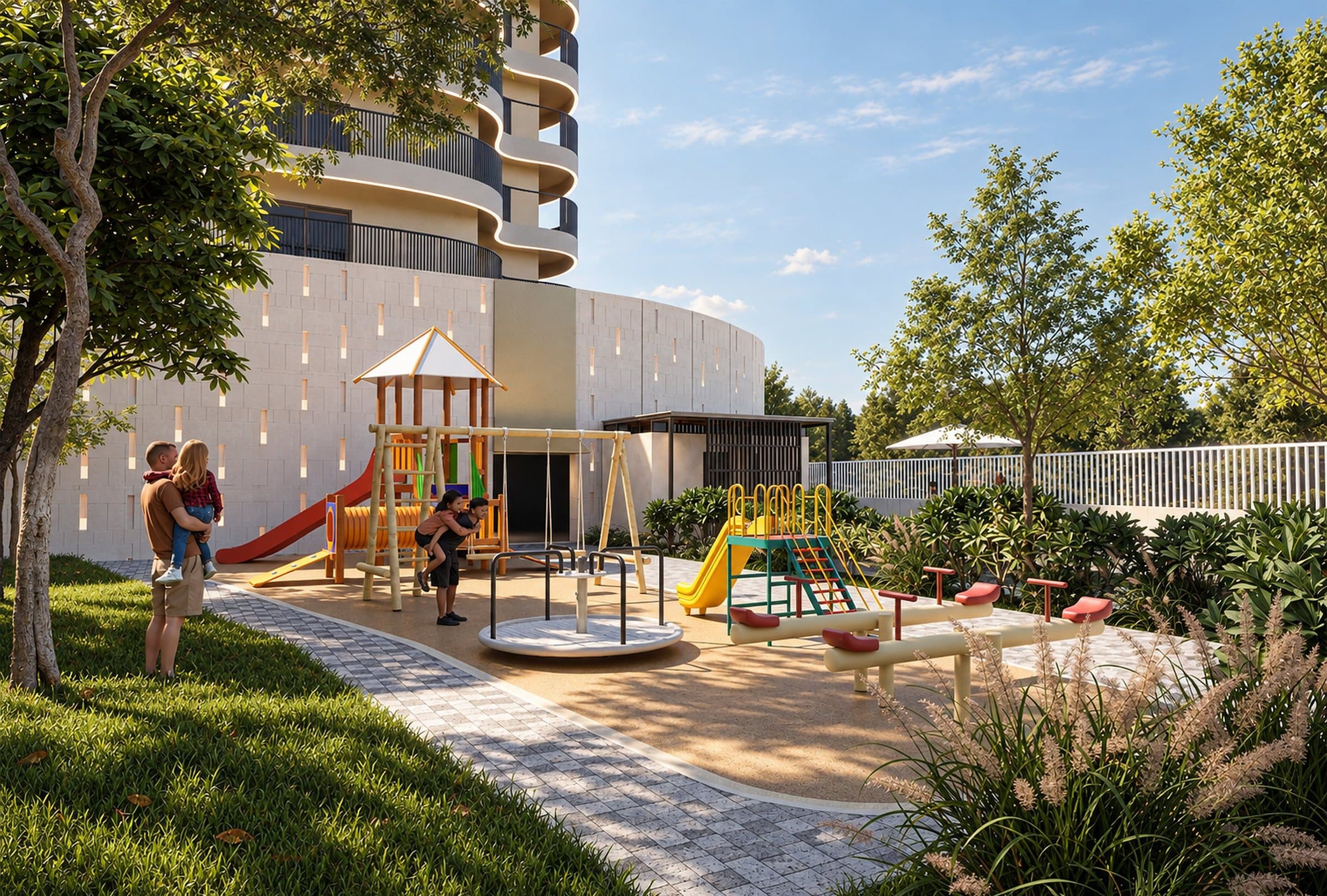 Children's park and landscaped lawns beside the clubhouse