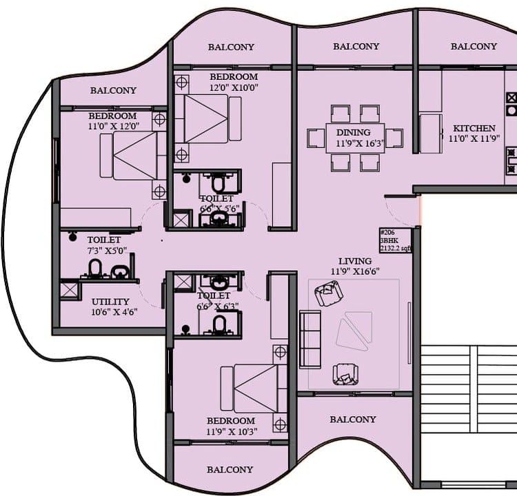 3 BHK · Unit 206 · 2,132.25 sq ft