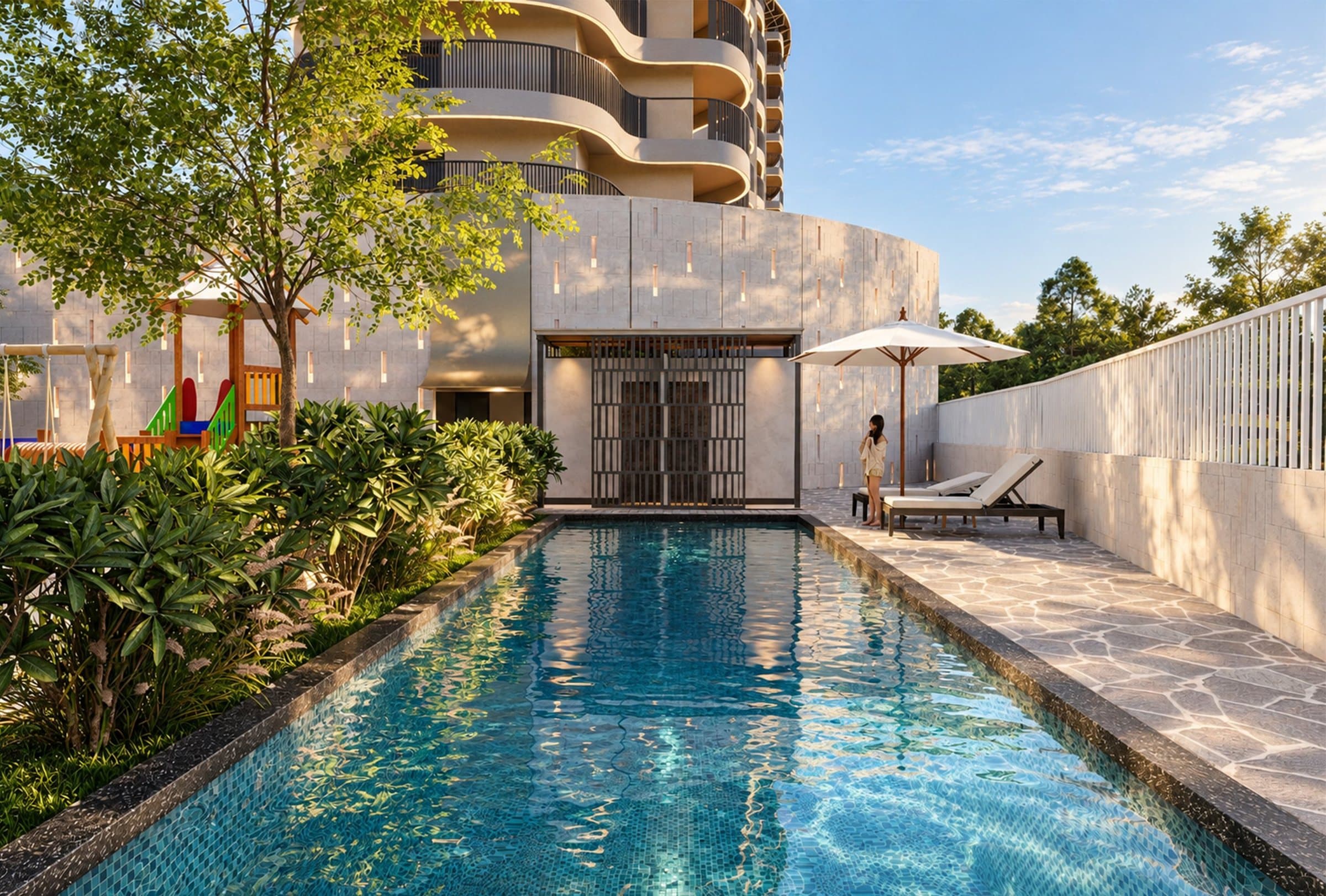 Swimming pool framed by tropical planting and a sun deck